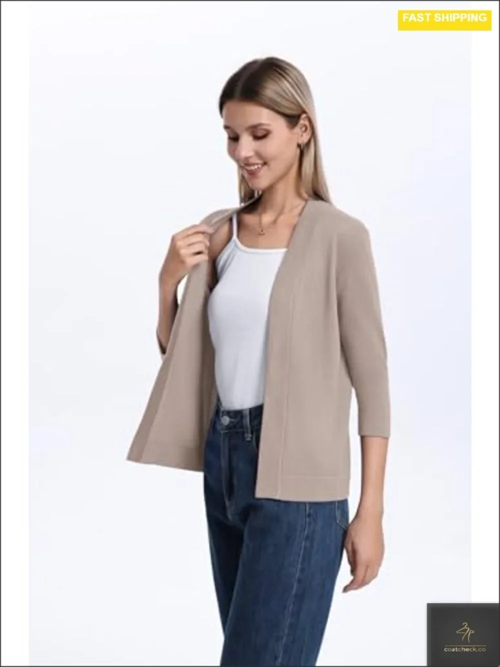 3/4 Sleeve Open Front Cropped Cardigan Sweater Shrugs for Women